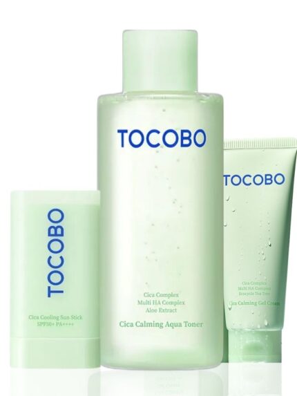 Calming, Hydrating, and Protective Skincare Set | Tocobo Cica Aqua Calming Toner 200ml, Tocobo Cica Gel Cream 75ml & Cica Cooling Sun Stick