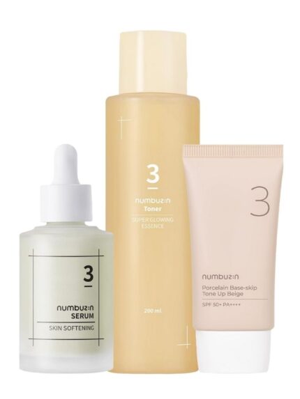 Daily Essentials Skincare Routine - No.3 Super Glowing Essence Toner, No.3 Skin Softening Serum, No.3 Porcelain Base-skip Tone Up Beige