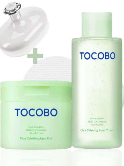 Tocobo Cica Aqua Calming Toner 200ml & Tocobo Toner Pad 150ml | Includes Face Scrubber | Calming, Hydrating, and Refreshing Skincare Set