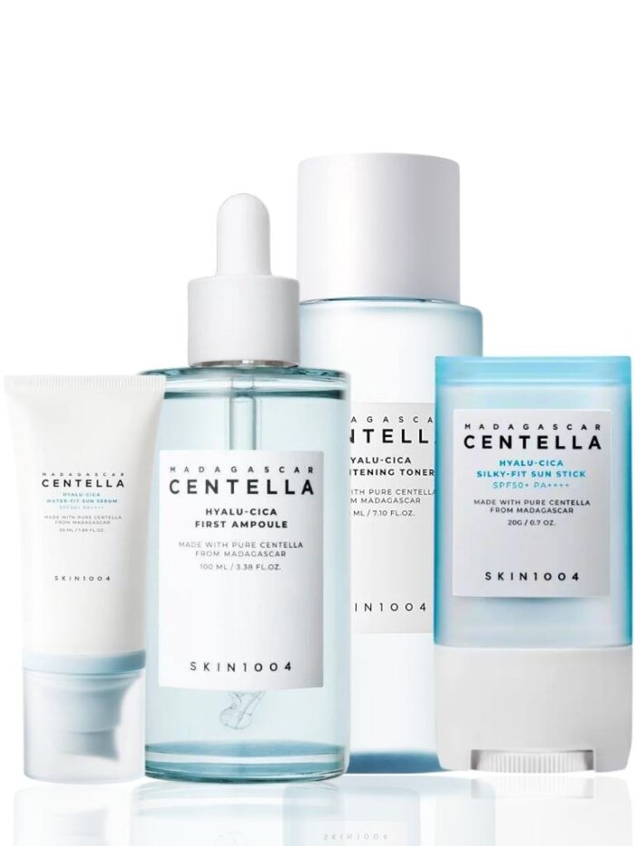 Madagascar Centella Hyalu-Cica Full Skincare Set: SPF50+ Sun Serum, Brightening Toner, Protective Sun Stick, and Nourishing First Ampoule 380ml